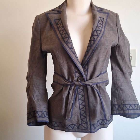 BCBGMAXAZRIA Embroidered Linen Cotton Belted Blazer Jacket Size XS Boho Chic - Picture 6 of 12